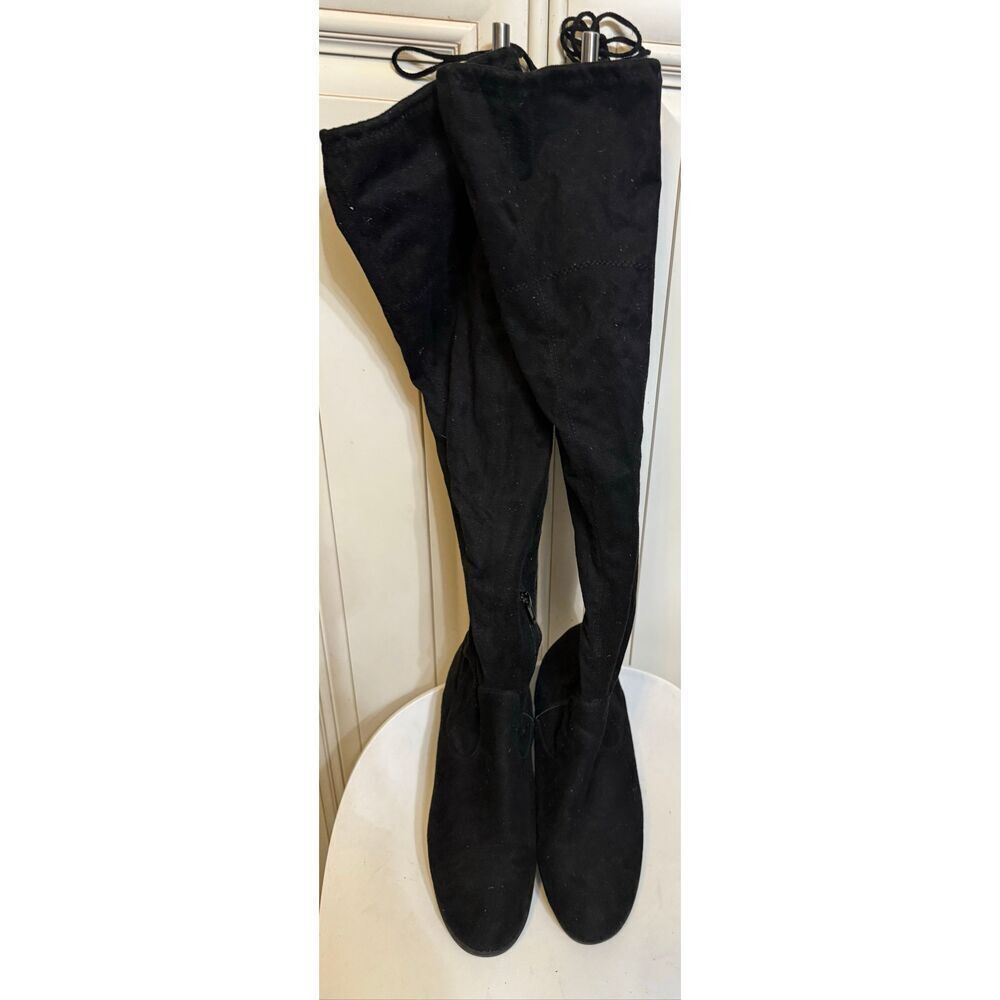 Unisa Women's Faux Suede Tie Back Flat Heel Over the Knee Boots Black Size 7.5